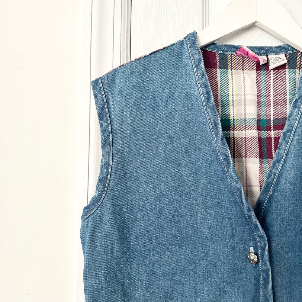 Metro Express Vintage Denim Chambray Red Plaid Flannel Back Button Vest L 14/16 - Picture 2 of 12
